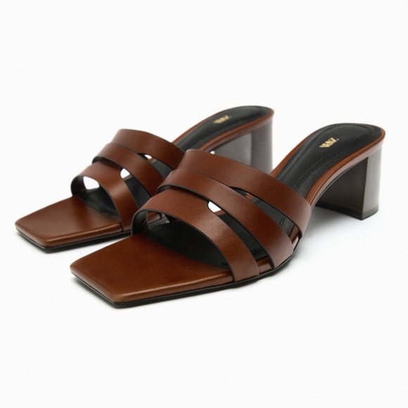 NWT. Zara Brown Leather Block Heel Mules. Size 6. - Picture 2 of 10